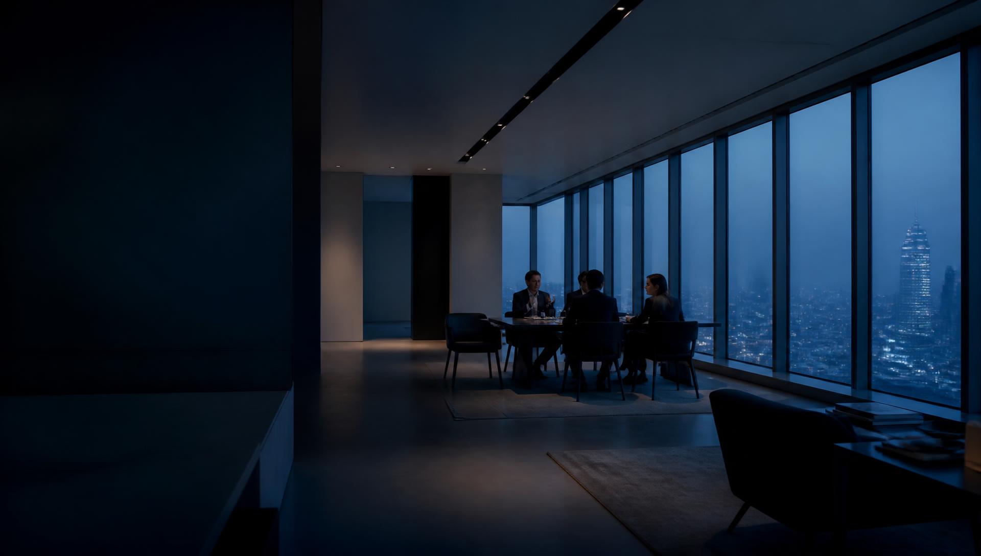 Executive team in conversation in a modern boardroom above a city skyline at dusk